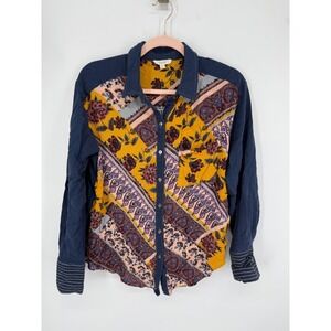 Button Down Shirt Womens Medium Blue Yellow Floral Paisley Boho Festival